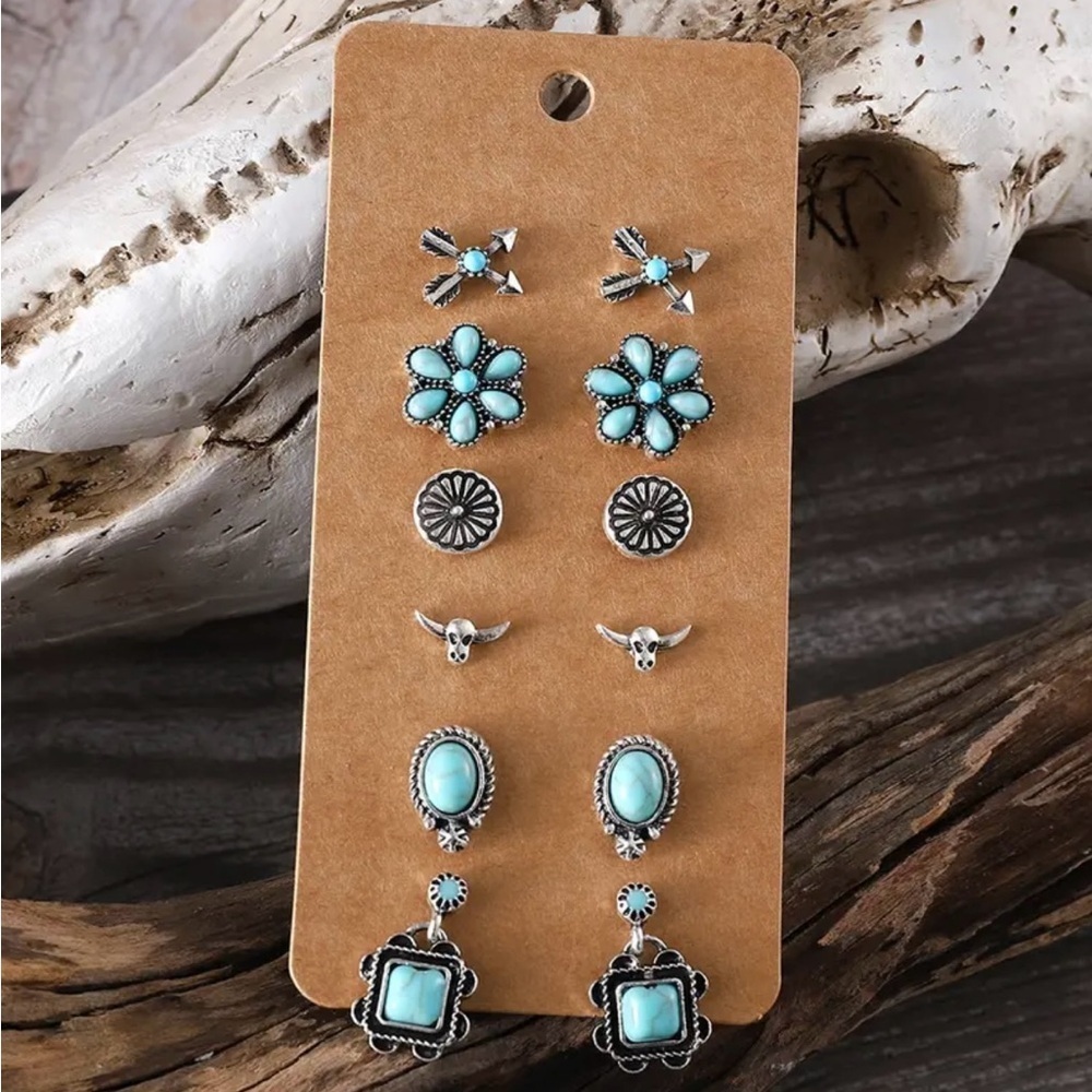 NEW 6 Pairs Vintage Western Turquoise Earrings Set, western aesthetic, jewelry